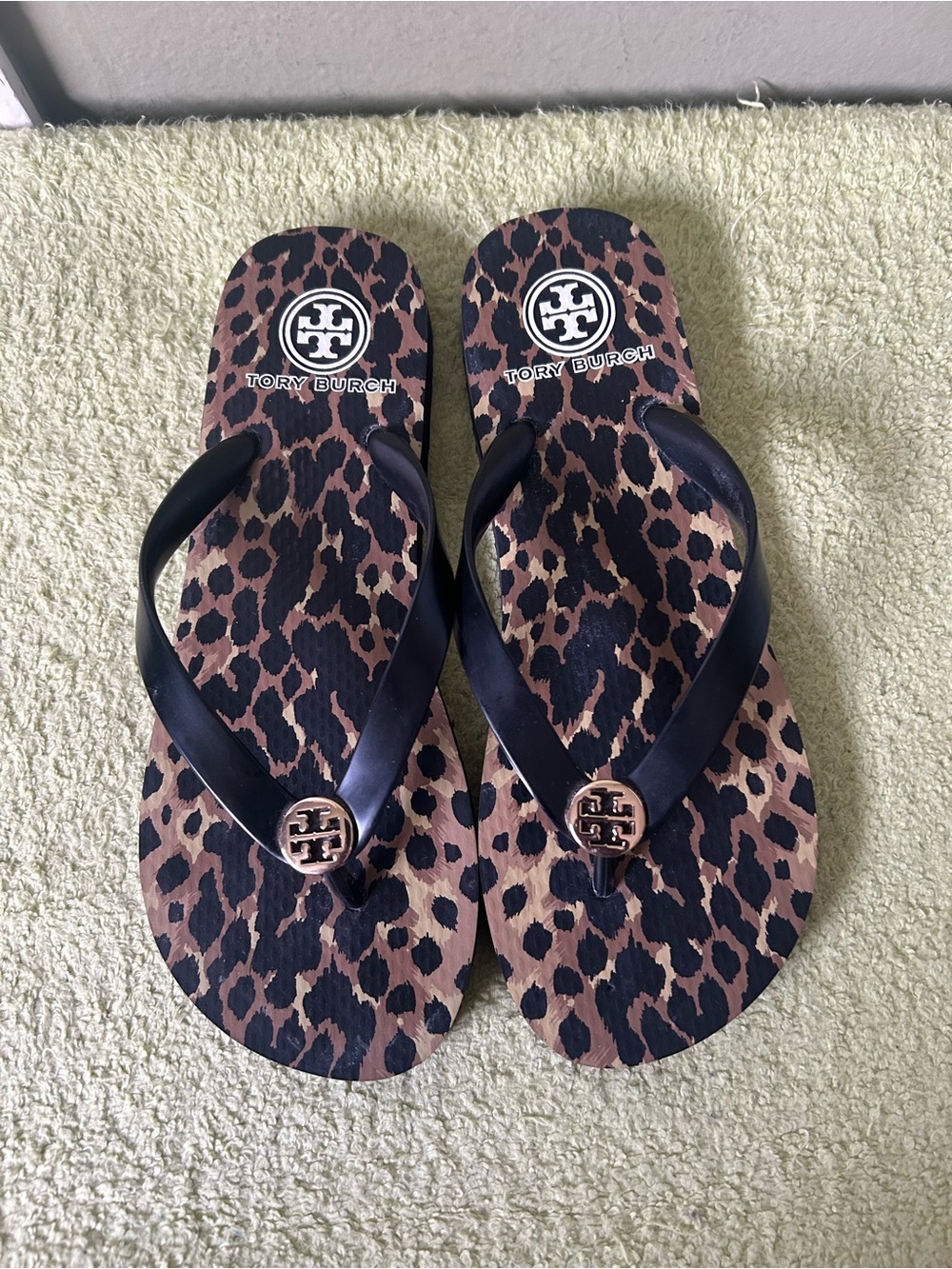 Tory Burch Leopard Print Logo Flip Flops in Black and Brown